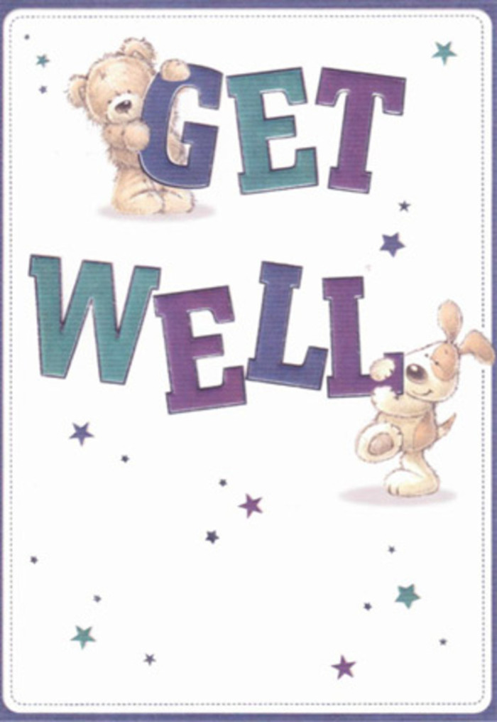 This get well card radiates the same gentle encouragement and heartfelt sincerity one might experience browsing the window displays of Sutton Florist along Throwley Way. The scene is set with a lovable bear and an exuberant puppy, both crafted with endearing expressions and velvety fur textures. The bear perches atop the large, friendly purple letters spelling 'GET,' exuding quiet strength, while the puppy leans against 'WELL,' his amber eyes sparkling with playful hope. Surrounding them, delicate hand-drawn stars in shimmering blue and amethyst hues scatter uplifting wishes, their lightness mirroring Sutton's open greens. The crisp, inviting background offers clarity, allowing every joyful detail to take centre stage. The thoughtfully shaded, slightly textured typography feels lively and self-assured, as if affirming that better days are near. Touching this card in imagination, you feel softness, warmth, and the same careful attention Sutton Florist puts into each arrangement for an ailing neighbour or friend. In spirit, it is as if sending a fresh bouquet along Cheam Road-a moment of genuine care that offers both comfort and optimism on the mend.